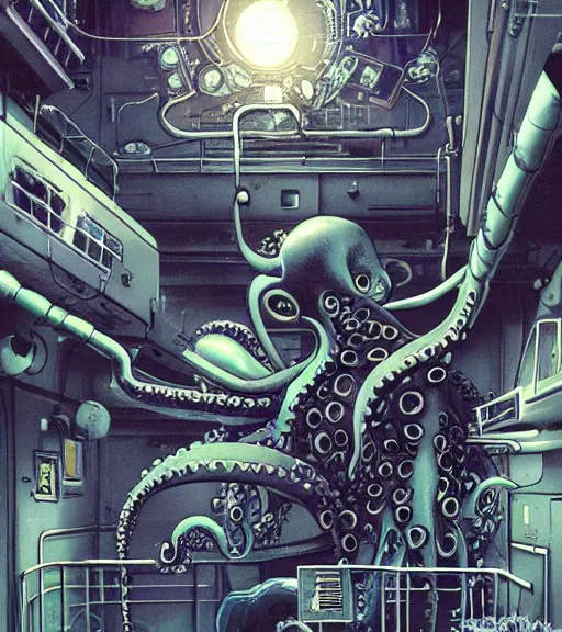 Image similar to a cybernetic realistic octopus in a space station, techwear, Industrial Scifi, detailed illustration, character portrait, by Martin Grip Banksy and Moebius