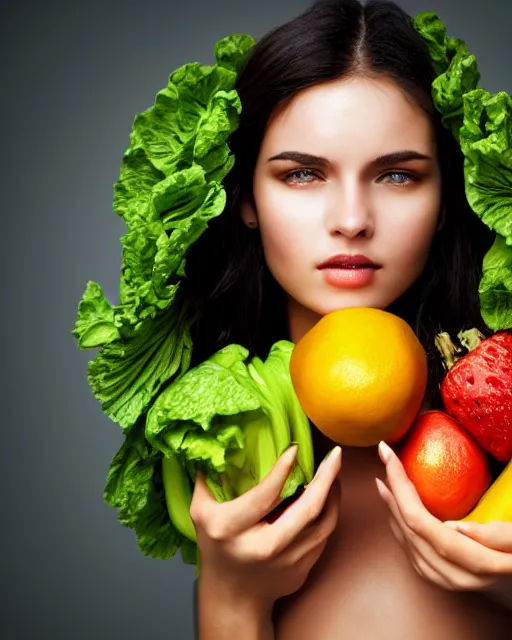 Prompt: a photograph of an attractive female model with a symmetrical face swaddled in lush photorealistic fruits and vegetables. vivid colors, soft lighting, atmospheric, cinematic 8 k