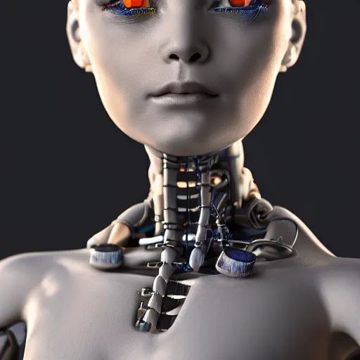 Image similar to beautiful Fine art photography of a solarpunk part robot part human girl with real human face, white background, highly detailed, medium shot, photorealism, sunset lighting 8k