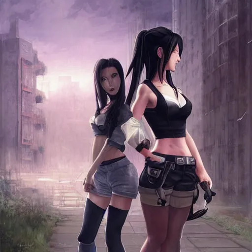 Image similar to a painting of tifa lockhart and aerith gainsborough from final fantasy 7, standard clothing from the conceptual art, the midgard steam punk city as backdrop, by greg rutkowski, artgerm, wlop rain, fog, unreal engine 5