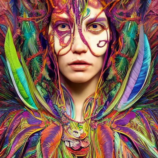 Image similar to A reality bending psychedelic ayahuasca experience, colorful, distorted, surreal, tropical bird feathers, bones and teeth necklaces, dramatic lighting on the face, intricate, elegant, highly detailed, digital painting, concept art, smooth, sharp focus, illustration, art by Krenz Cushart and Wayne Barlowe and alphonse mucha