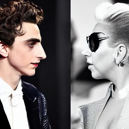 Image similar to timothee chalamet and lady gaga meet eachother photographed by pascal rostain, highly beautiful faces, highly detailed
