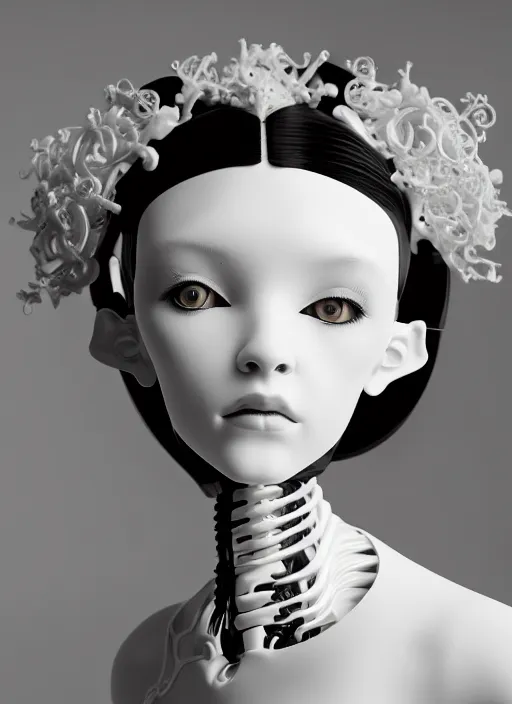 Image similar to black and white dreamy profile face portrait, biomechanical beautiful angelic young female cyborg - robot - doll with long white curly hair, body ribs meshes, volumetric light, hibiscus flowers, rim light, big gothic fashion pearl embroidered collar, 1 9 3 0, 8 k