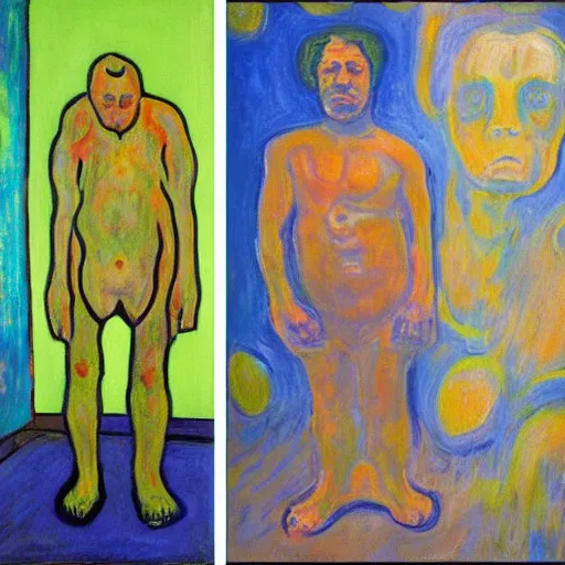 Prompt: a painting of a person standing in front of a painting, a fine art painting by munch, reddit, neo - expressionism, academic art, fauvism, art