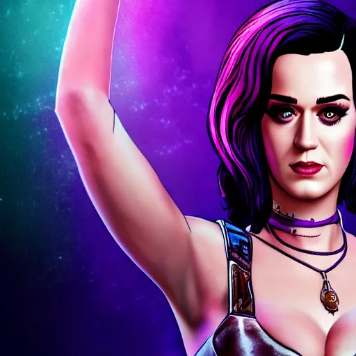 Image similar to katy perry portrait, borderlands, tales from the borderlands, the wolf among us, comic, cinematic lighting, studio quality, 8 k