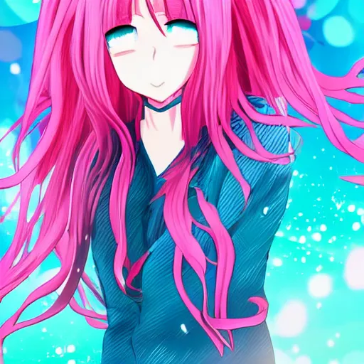 Image similar to “anime girl, flowing pink hair, extremely beautiful, swirly pink background, action shot, by Kurahana Chinatsu, trending on PixArt”