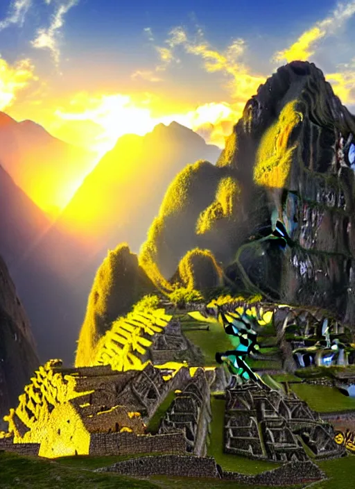 Image similar to a beautiful concept art painting of a sunrise on the machu picchu, beautiful lighting, fantasy art