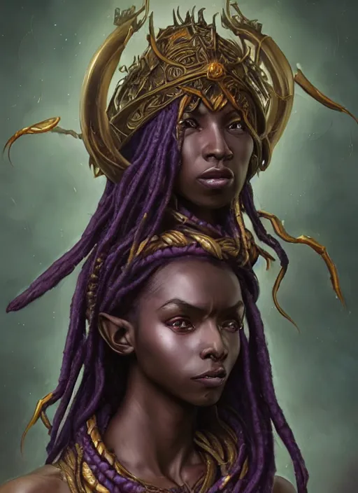 Prompt: dark skinned half elf, purple dreadlocks, god of illithid, fantasy, extremely detailed, digital painting, artstation, concept art, smooth, sharp focus, illustration, stunning lighting, art by artgerm and greg rutkowski and alphonse mucha and simon stalenhag, realistic character concept, high fantasy, light atmosphere, golden ratio, cinematic lighting, hyperdetailed, high resolution, insanely detailed and intricate, artstation, Marc Simonetti, Greg Rutkowski