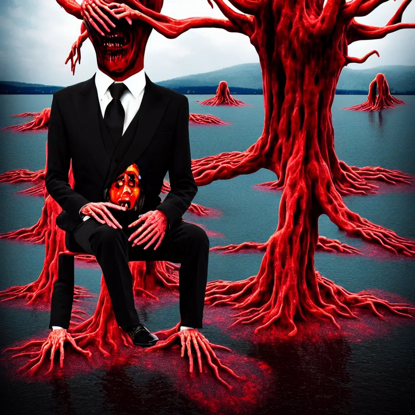 Prompt: a portrait of ( a man in a tuxedo with five heads, twelve arms, and sixteen legs ), sitting on ( chair made of human limbs ), ( the chair is floating in a lake of blood ), ( in the lake is a giant melting tree ), digital art, hyperrealistic nightmare scene, supernatural, highly detailed, creepy, terrifying