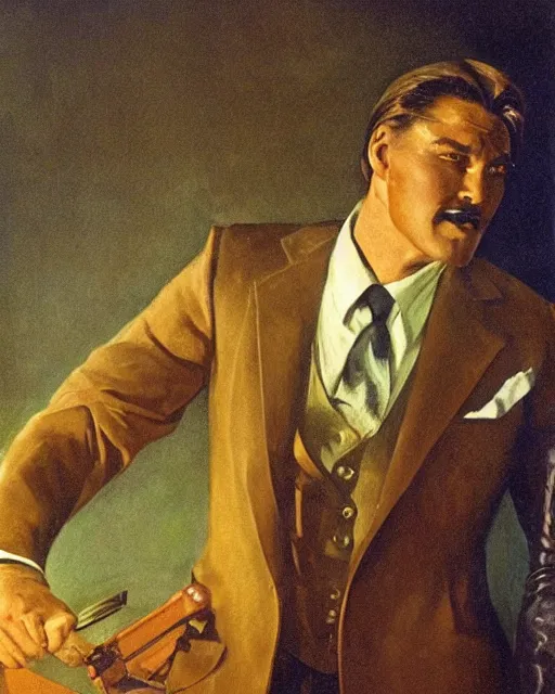 Image similar to Errol Flynn as a scientist. 1980s dystopian Soviet Russia, propaganda screens. Unreal engine, fantasy art by Greg Rutkowski, Gustave Courbet, Rosa Bonheur, Edward Hopper, Ilya Yefimovich Repin, Jean-François Millet, Andrew Newell Wyeth. Faithfully depicted facial expression, perfect anatomy global illumination, radiant light, detailed and intricate environment