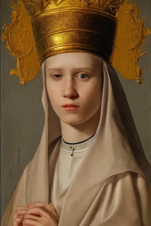 Prompt: hyperrealism portrait of young beautiful nun with pale skin, wearing hyper detailed golden crown, in style of classicism