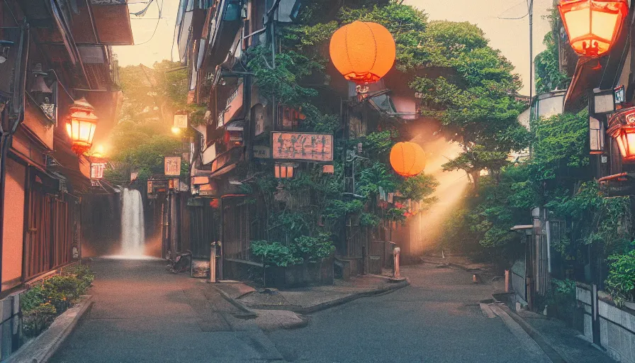 Image similar to A film still from a 1990s Sailor Moon cartoon tv show featuring a moody street in Japan with a waterfall and lanterns, lofi aesthetic, magical, golden hour, cinematic look, film grain, high detail, high resolution, 8k