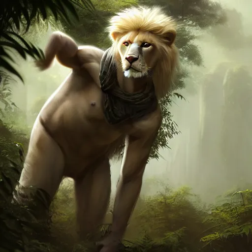 Image similar to commission portrait of a male anthro albino lion,wearing cargo pants and a boack t-shirt,going through a jungle cautiously.dramatic,character design by charles bowater,greg rutkowski,ross tran,hyperdetailed,hyperrealistic,4k,deviantart,artstation,professional photography,concept art