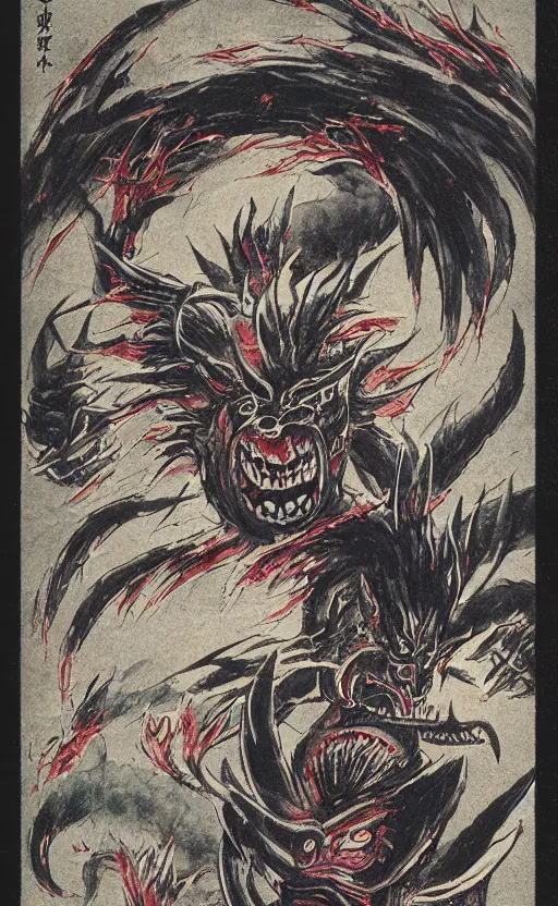 Prompt: by akio watanabe, manga art, japanese demon monster, oni horns, trading card front