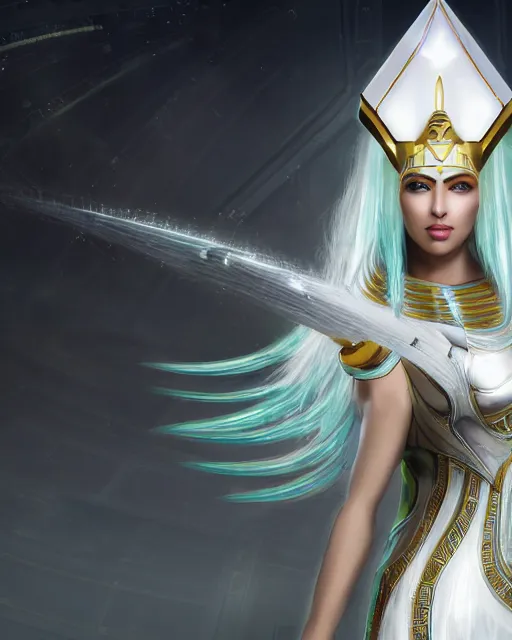 Image similar to perfect white haired attractive egyptian goddess, warframe armor, pharaoh headdress, beautiful, symmetric, dreamy, half asian, pretty face, green eyes, charlize theron, detailed, scifi platform, laboratory, experiment, 4 k, ultra realistic, epic lighting, android body, illuminated, cinematic, masterpiece, art by akihito tsukushi, voidstar