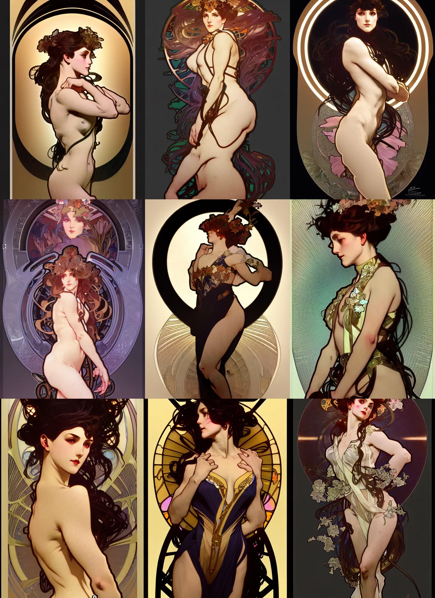 Image similar to digital concept art by artgerm and alphonse mucha. just one lonely namilia attctive showgirl!! full body!! contour light effect!! 8 k, black tape project show. stage light. octane render. sharp edge. ultra clear detailed