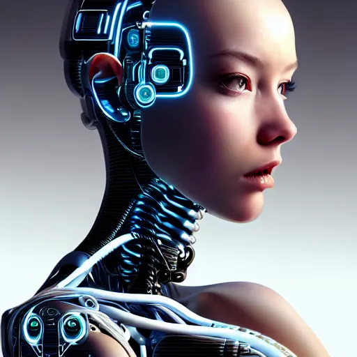 Image similar to a extremely detailed digital painting of a highly complex humanoid android woman with intricate exposed cybernetic modifications, art by ilya kuvshinov, trending on cgsociety, computer art, ilya kuvshinov, artstation hd, artstation hq, photo realistic, hyperrealism, soft light, cinematography photo, ray tracing, unreal engine 5