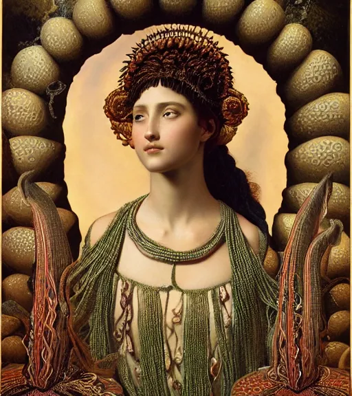 Prompt: portrait of a beatiful young goddess with intricate jellyfish headdress, dark background, intricate hyper detailed art by john william godward and ernst haeckel and james jean