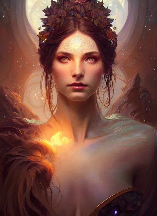 Image similar to a beautiful cinematic female druid goddess, galatic shamen with Quantum energy fantasy, fantasy magic, undercut hairstyle, dark light night, intricate, elegant, sharp focus, illustration, highly detailed, digital painting, concept art, matte, art by WLOP and Artgerm and Greg Rutkowski and Alphonse Mucha, masterpiece