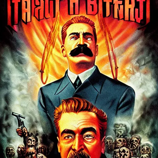 Image similar to poster for blockbuster, stalin in hell, scary art in color, art in 4 k