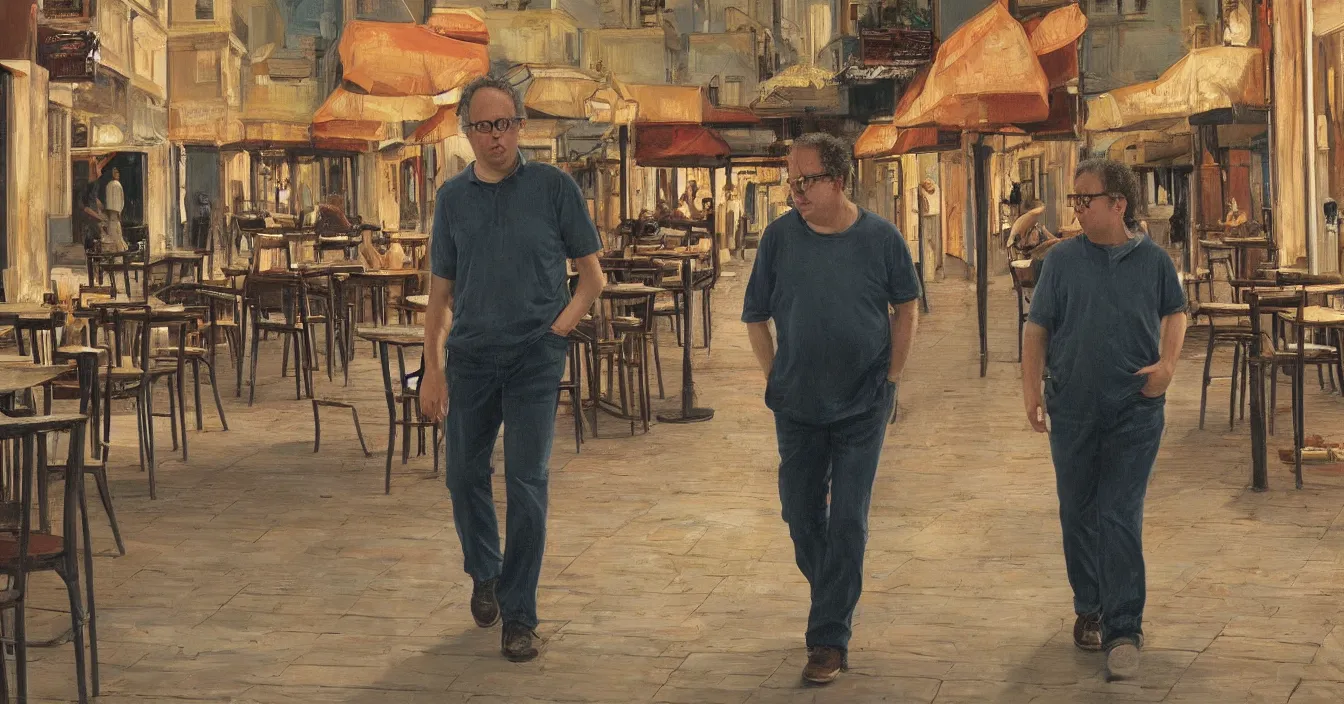 Image similar to todd solondz, high quality high detail image of todd solondz walking with a friend in an empty caffe bar in tel aviv street, clear sharp face of todd solondz, night, by lucian freud and gregory crewdson and francis bacon, hd, photorealistic lighting