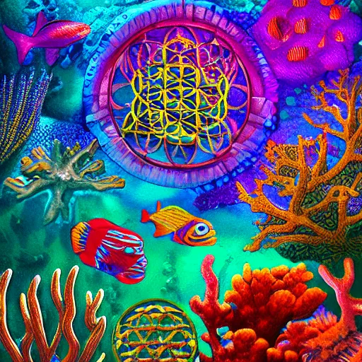 Image similar to underwater Corral Reef, ocean, Abstract, sacred geometry, high detail, photorealistic, surrealism, Flower of life