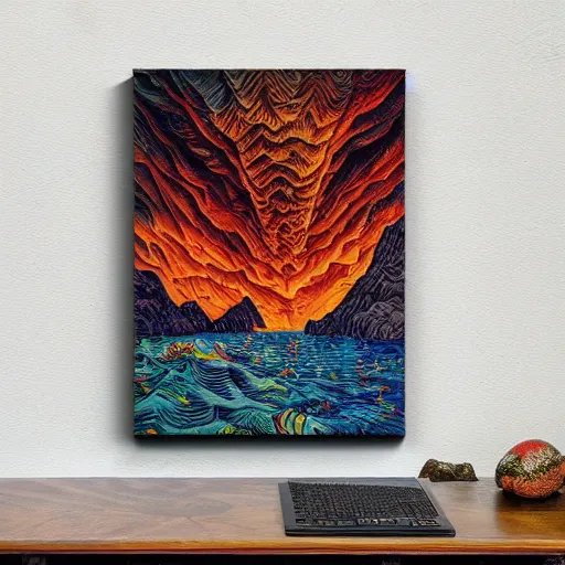 Prompt: vulcano, lava, ocean, surreal by dan mumford and umberto boccioni, oil on canvas