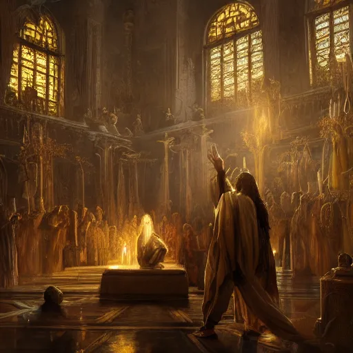 Prompt: a detailed picture of jesus cleansing the temple, thrown tables, scattered gold coins, fleeing merchants, fantasy, intricate, elegant, highly detailed, digital painting, artstation, matte, sharp focus, illustration, art by greg rutkowski and rembrandt