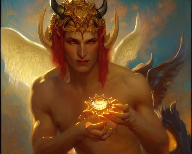 Image similar to attractive demonic male deity, casting magic, summoning handsome lucifer morning star. highly detailed painting by gaston bussiere, craig mullins, j. c. leyendecker 8 k