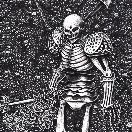 Prompt: The skeleton knight in battle with roses, monochrome pointilism, by Kentaro Miura, Berserk