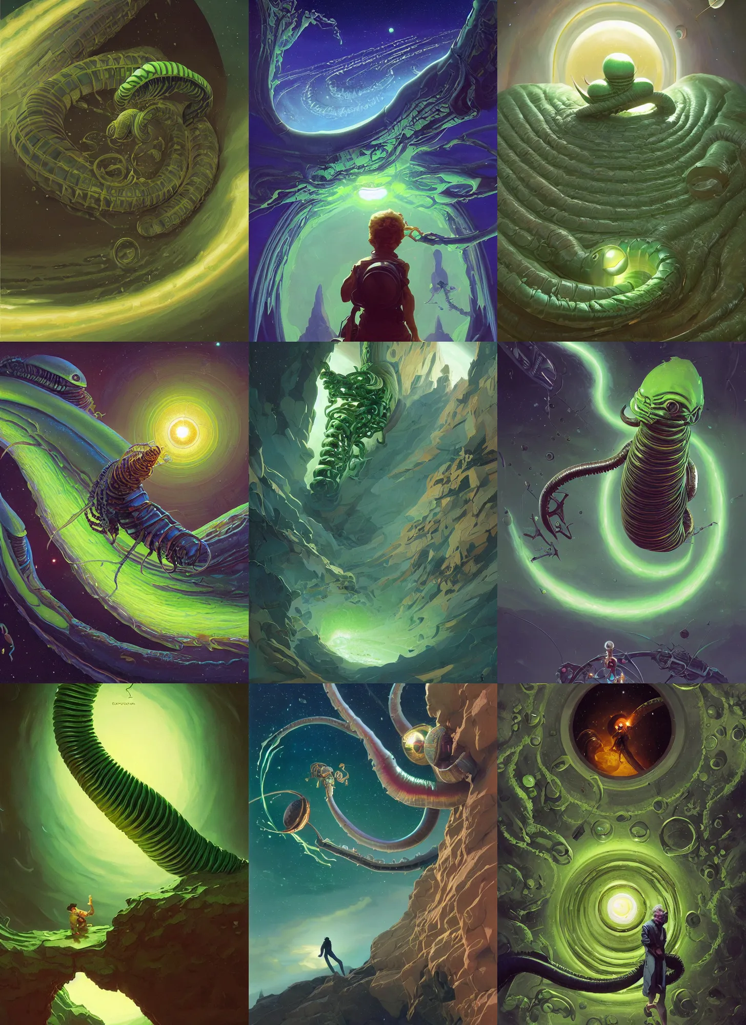 Prompt: opening of the universe's 1 0 th dimension unlocking gravity and momentum, evil looking slimy green alien worm approaching earth, sargent, leyendecker, greg hildebrandt, stephen bliss, intricate fantasy, greg rutkowski, loish, rhads, ferdinand knab, makoto shinkai, ilya kuvshinov, rossdraw