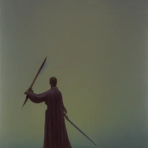 Image similar to swordsman by Zdzisław Beksiński, oil on canvas