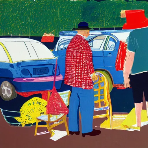 Prompt: an Englishman visits a car boot sale by David Hockney