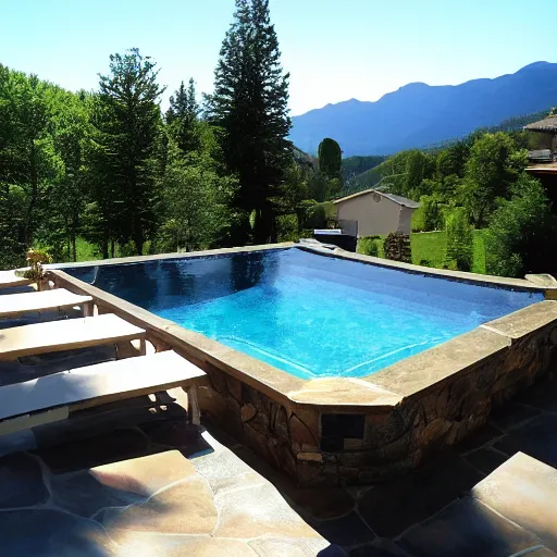 Prompt: patio with beautiful pool overlooking mountains