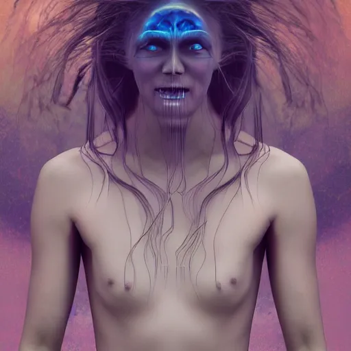 Prompt: long hair eldritch being, tears, laughter, cosmic imagery, intense emotion, emotional concept art, photography hyperrealism, 3d rendering, detailed eyes, glitch art, fractal