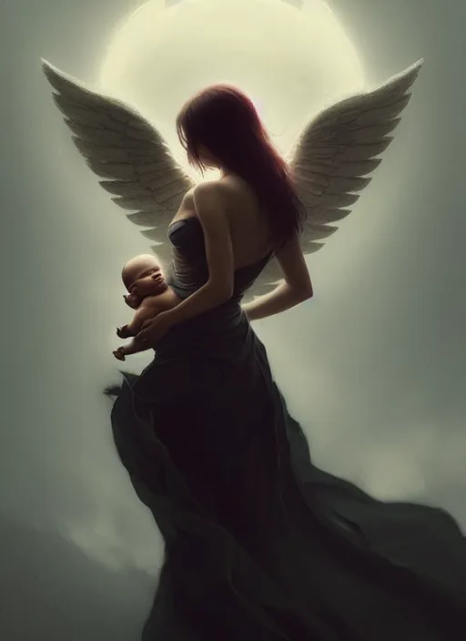 Prompt: beautiful women with wings holding her baby, latina, rule of thirds, haze, intricate, anime, symmetrical!!, makeup, loreal, maybelline, trending on artstation, art by greg rutkowski, filmic, vsco, concept art, artstation, digital painting, elegant, model