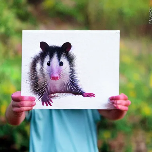 Prompt: an opossum holds up the finger painting he did, hd digital photography