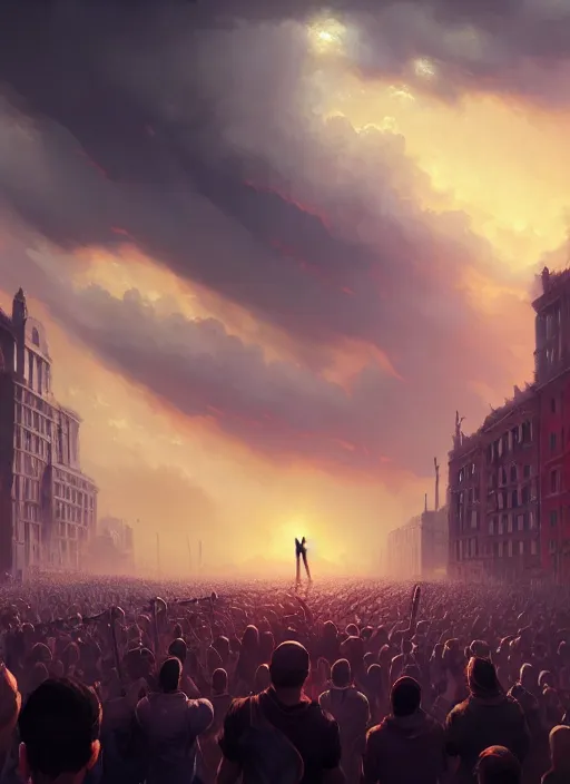 Image similar to painting of a crowd with raised arms pointing toward, demonstration in city, cinematic view, epic sky, detailed, concept art, low angle, high detail, warm lighting, volumetric, godrays, vivid, beautiful, trending on artstation, by jordan grimmer, huge scene, art greg rutkowski