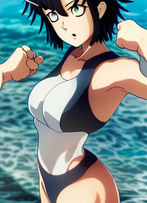 Image similar to film still portrait of fubuki from one punch man, wearing two - piece swimsuit, closeup at the faces, ilya kuvshinov, finely detailed feature, anime, deroo, pixiv top monthly, trending on artstation, cinematic, danbooru, zerochan art, kyoto animation