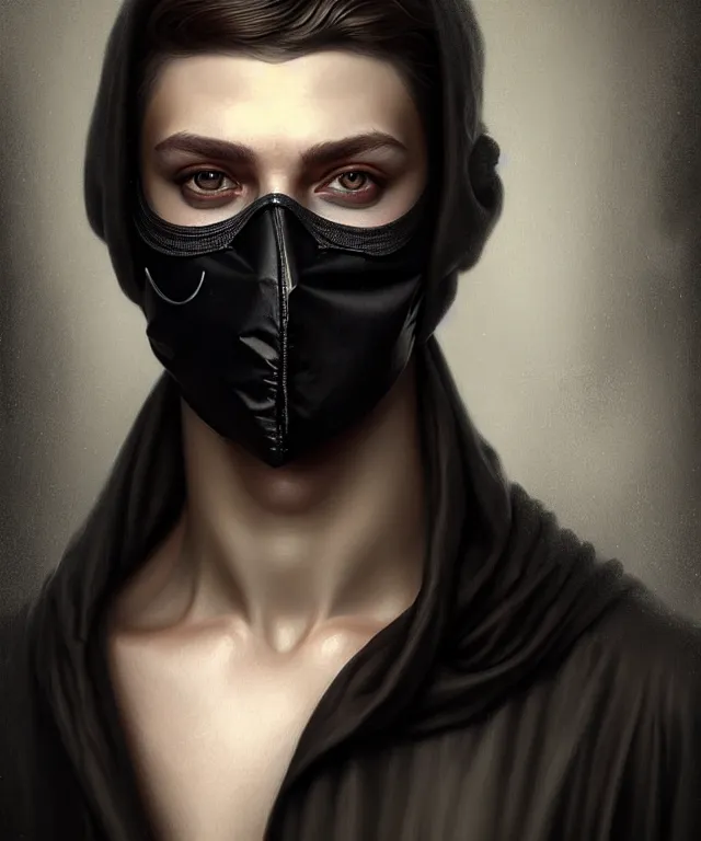 Image similar to european young man wearing medical black mask, beautiful face, highly detailed face!!!, true anatomy!, extremely detailed!, digital painting, unreal engine 5, art by tom bagshaw