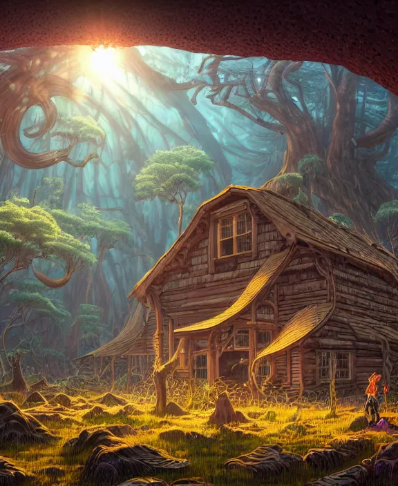 Image similar to a mammoth schoolhouse made from jellyfish, overgrown with huge exotic fungus, deep in the woods, noon, sun drenched, partly cloudy, by dan mumford, yusuke murata, makoto shinkai, ross tran, cinematic, unreal engine, cel shaded, featured on artstation, pixiv