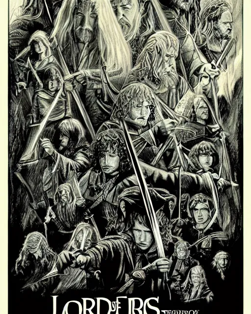 Prompt: lord of the rings poster done with art by tom jung