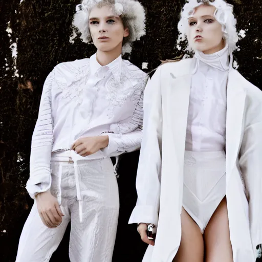 Image similar to detailed photo, kitsch fashion, androgynous people in white clothes, new age, vogue, 4 k, 8 k, fashion photo, fashion magazine