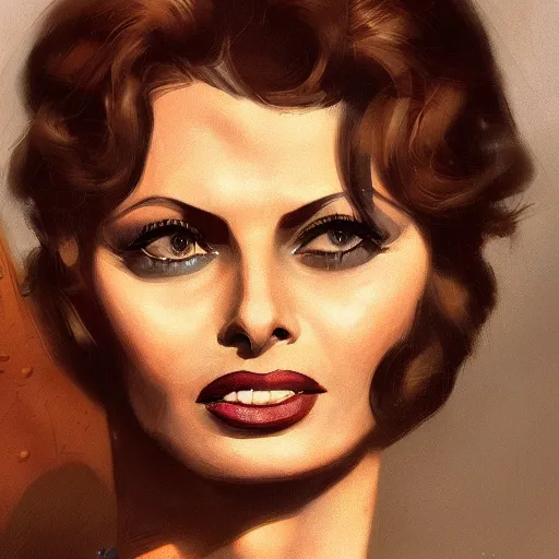 Image similar to closeup portrait of a young sophia loren, 1 9 2 0 s, femme fatale, city background, megacity, high fantasy, dramatic light, gorgeous view, depth, high detail, digital art, painted by greg rutkowski, trending on artstation