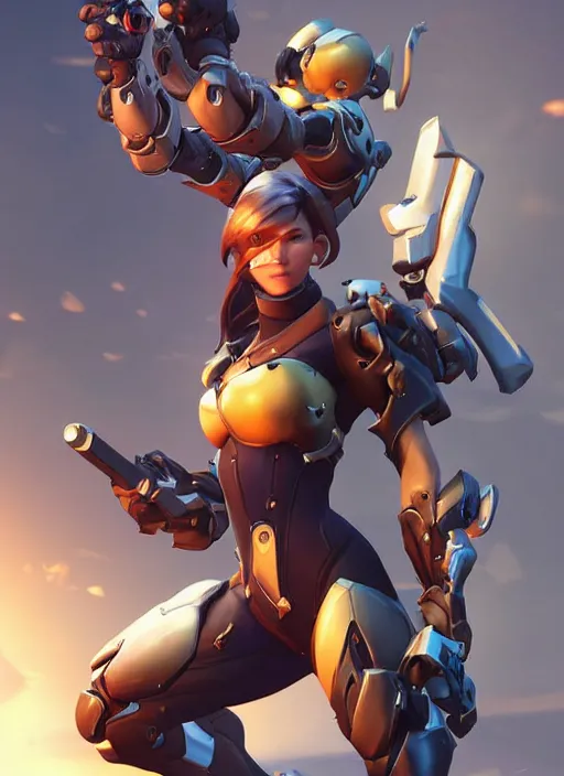 Image similar to poster!! ( overwatch ) beautiful new female character for overwatch, character concept art, action pose, full body armor, steel plating, huge weapon, super powers, athletic, long red hair, symmetry, intricate design, shiny, highly detailed, hd, dramatic lighting, art by artgerm and greg rutkowski