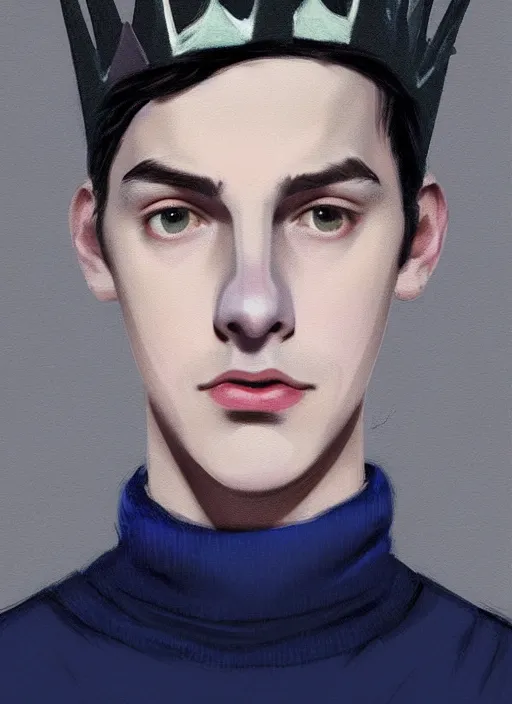 Image similar to portrait of teenage jughead jones wearing a light grey crown, crown, blue turtleneck, 1 9 5 0 s, closed eyes, photorealistic, black hair, glowing lighting, intricate, elegant, glowing lights, highly detailed, digital painting, artstation, concept art, smooth, sharp focus, illustration, art by wlop, mars ravelo and greg rutkowski