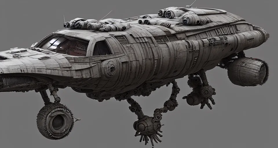 Image similar to highly detailed cinematic scifi render of 3 d sculpt of fury road spaceship, guardians of the galaxy, star wars, maschinen krieger, raphael lacoste