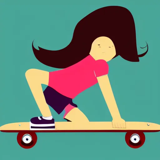 Image similar to stylized illustration of a girl ridin a skateboard with one leg up and the other on the deck going fast, side view