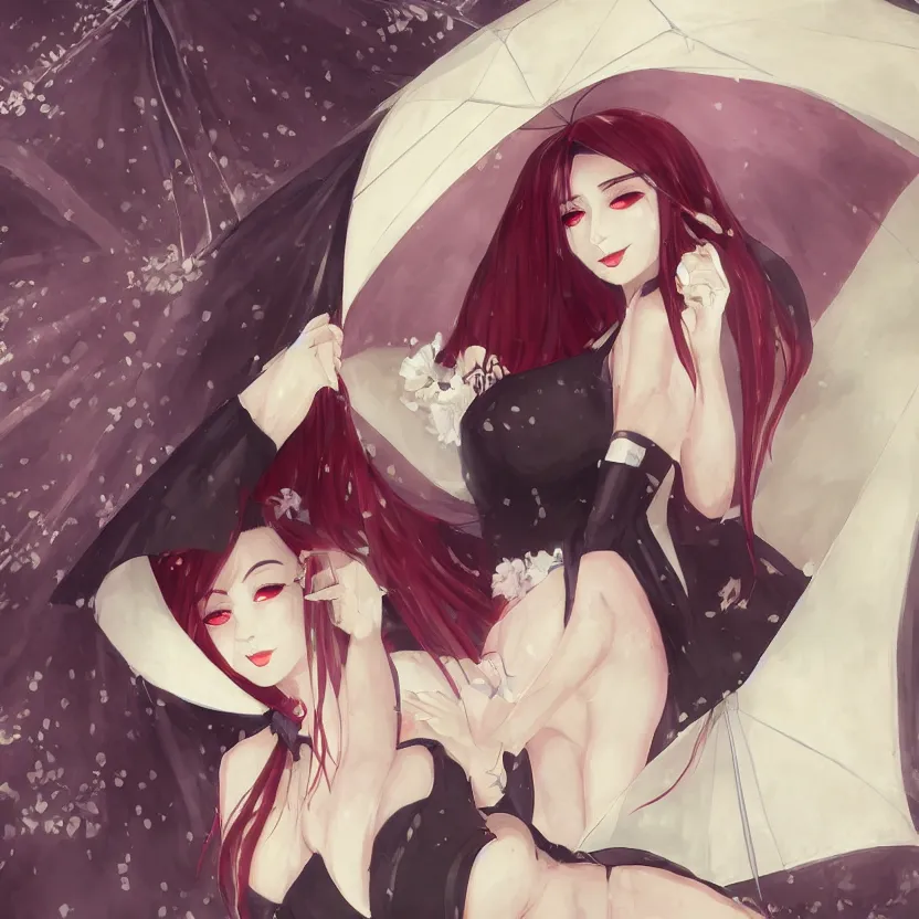 Image similar to portrait of a beautiful and grim vampire queen in the shade underneath a large beach umbrella, trending on pixiv