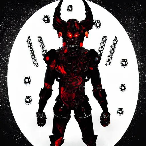 Prompt: a dark matter angry portrait demon in iron armor with diamonds sits on the black throne of death and looks with red eyes into the darkness against the background of a bright red sun